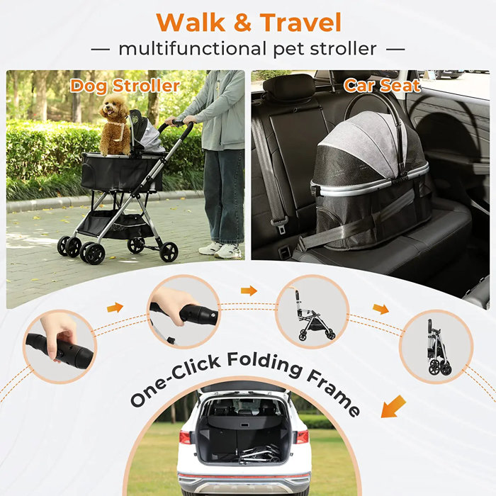 VIAGDO Pet Stroller Premium 3in1 For Medium Small Dogs Cats